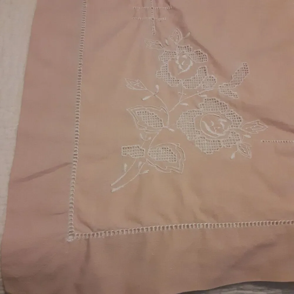 Vintage Tablecloth & Napkin Set Ladder Hemstitch & Floral Palest Pink Romantic
